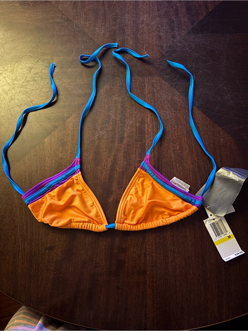 Speedo Orange Triangle Bikini Top with Blue Straps and Purple Trim